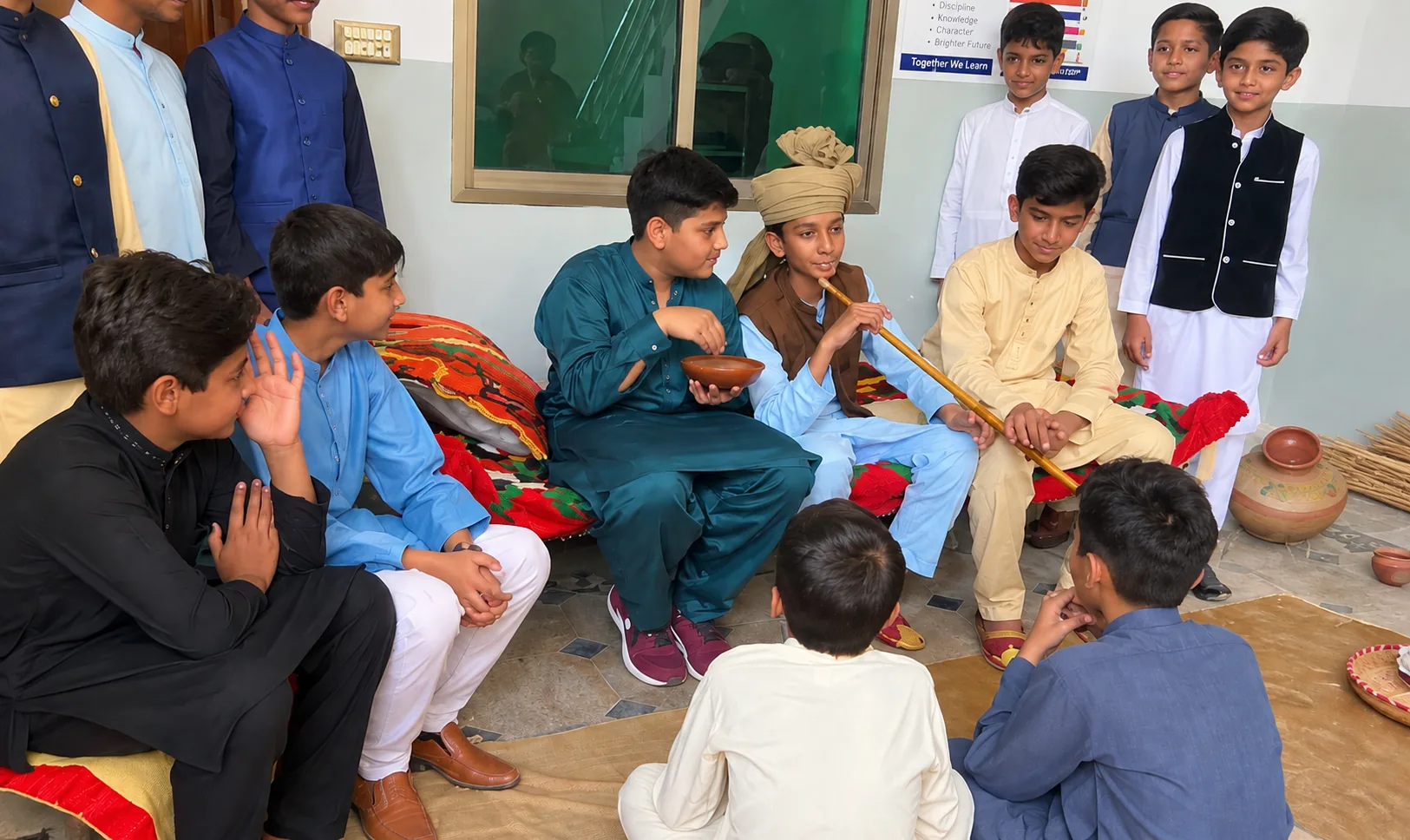 Students in traditional clothes at a school cultural gathering
